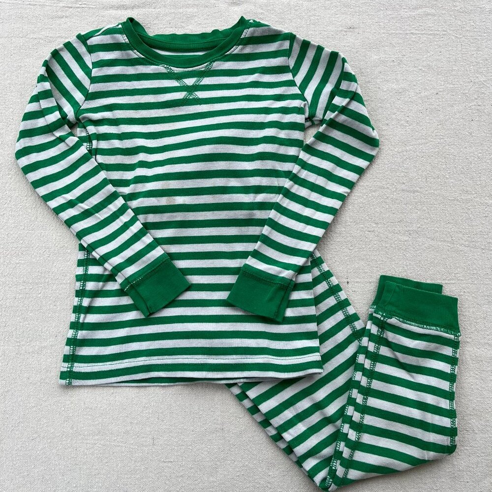 Primary Long-Sleeve PJ Top & Pants, Green & White Stripe, Size 4-5, PLAY
